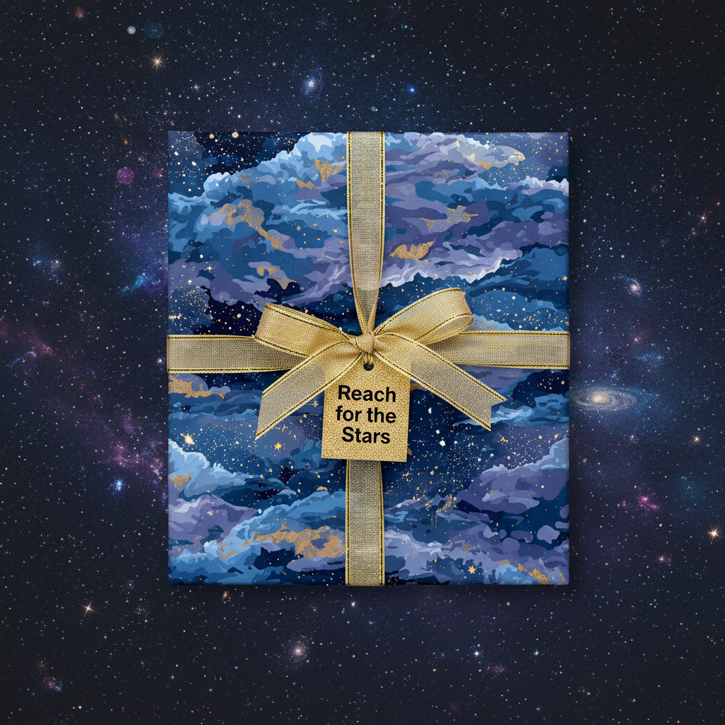 Square gift wrapped in celestial wrapping paper with gold ribbon bow on starry space background.