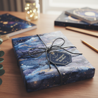Elegant gift wrapped in blue galaxy wrapping paper with gold accents and black string bow.