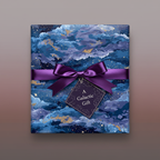 Square gift wrapped in galaxy themed paper with a purple satin bow.