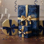 Elegant gifts wrapped in swirling blue marble wrapping paper with gold ribbon, perfect for Christmas or birthday.