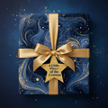 Elegant gift wrapped in blue marble wrapping paper with gold ribbon and star tag.