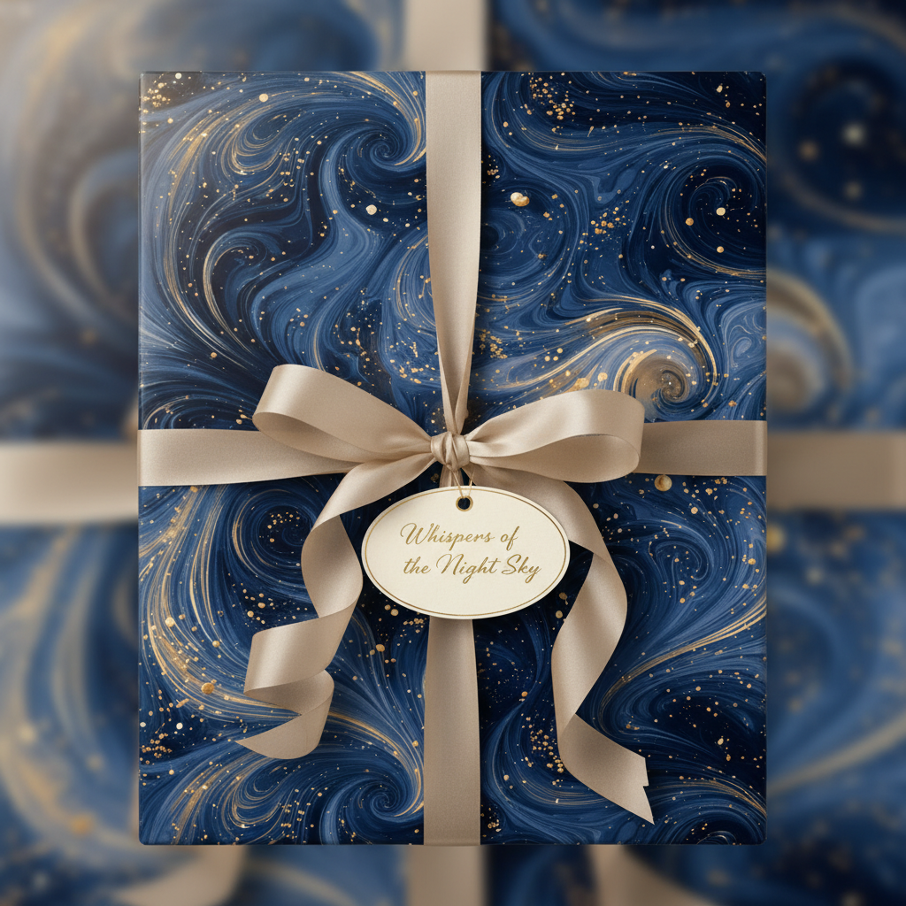 Elegant gift wrapped in navy blue marble wrapping paper with gold shimmer and a satin ribbon.
