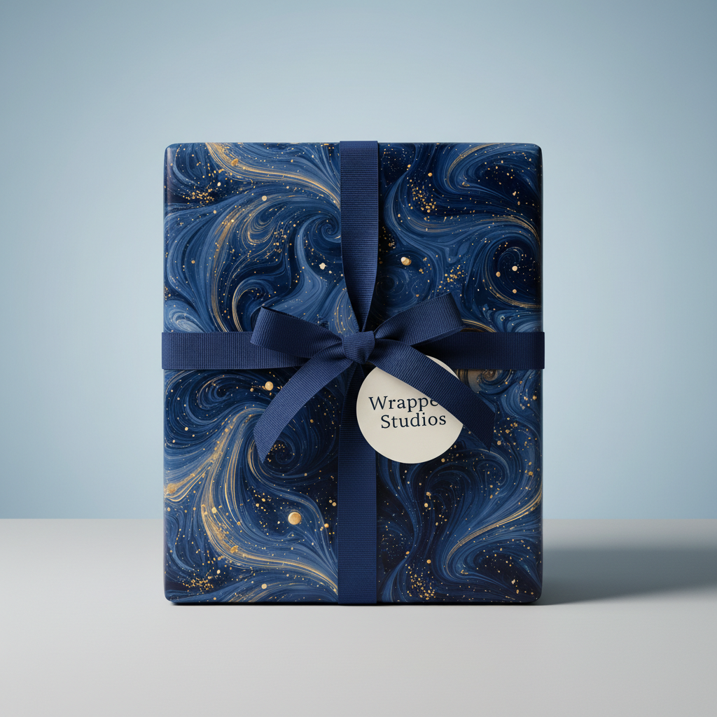 Elegant gift wrapped in navy marble wrapping paper with gold accents and a navy ribbon bow.