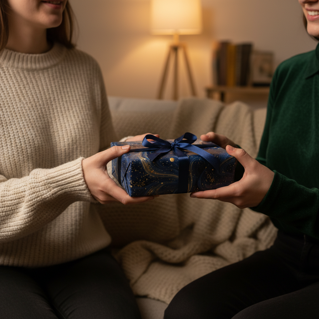 Woman exchanging a gift wrapped in elegant navy and gold swirl wrapping paper with a blue satin ribbon.