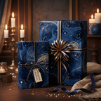 Elegant navy and gold luxury gift wrap with ribbon on wrapped present, candlelit background.