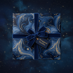 Elegant gift wrapped in navy and gold swirl wrapping paper with a velvet ribbon and starry background.