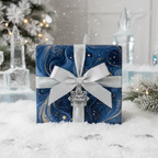 Elegant Christmas gift wrapped in blue swirl paper with a silver bow and "Joyful Stardust" snowflake charm.