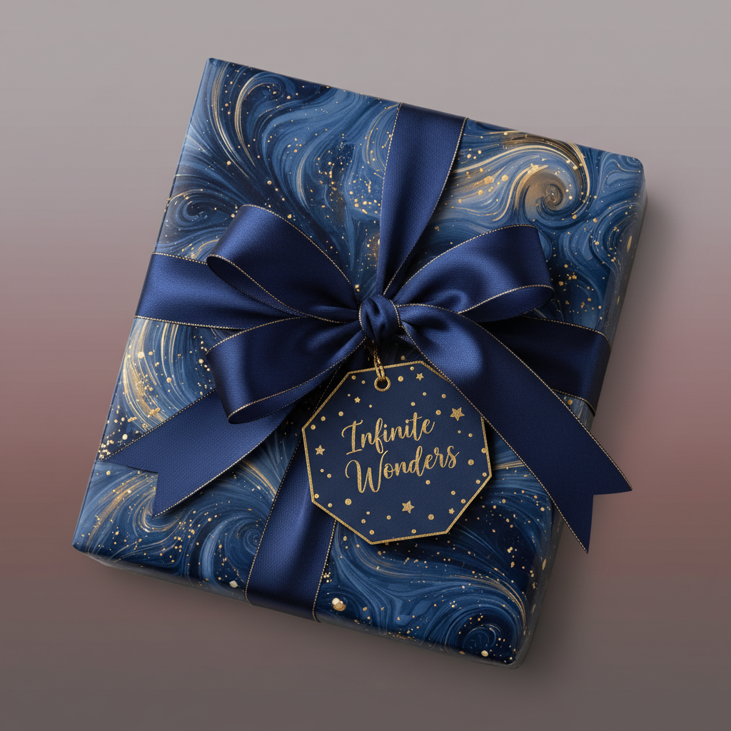 Elegant navy blue and gold wrapping paper with "Infinite Wonders" tag and satin ribbon bow.