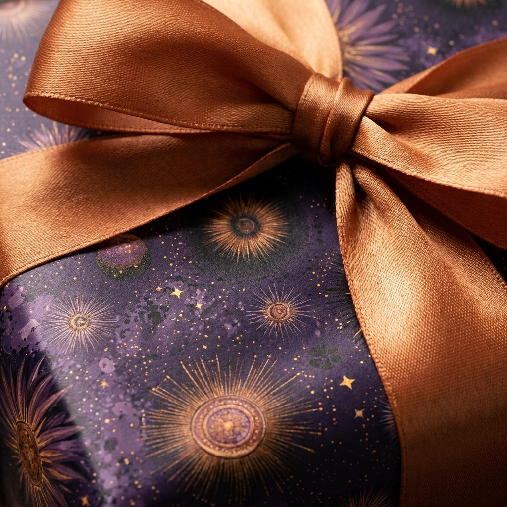 Celestial wrapping paper in purple and gold with a bronze satin ribbon bow by Wrapped Studios.