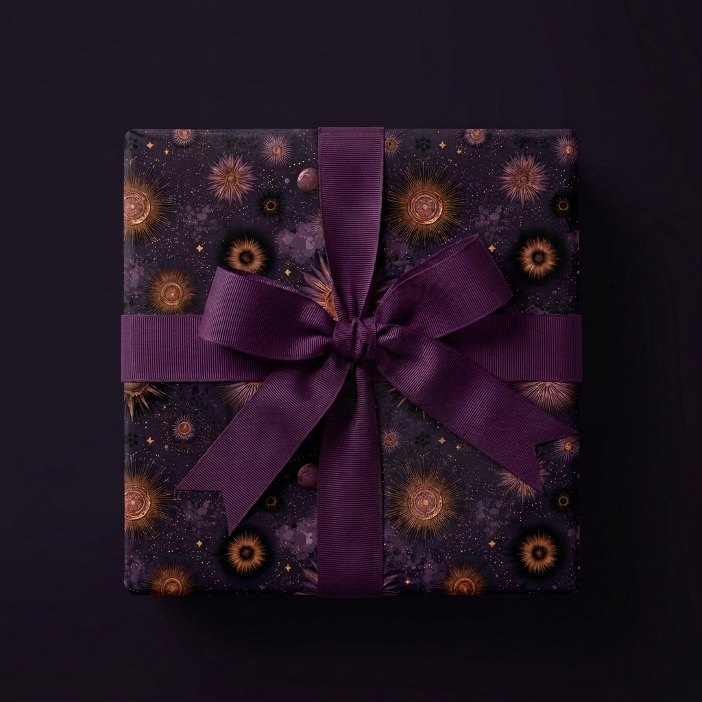 Luxury purple celestial wrapping paper with gold suns and a matching ribbon bow by Wrapped Studios.