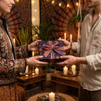 Celestial wrapping paper with gold stars and purple ribbon by Wrapped Studios, shown in a cozy boho setting.