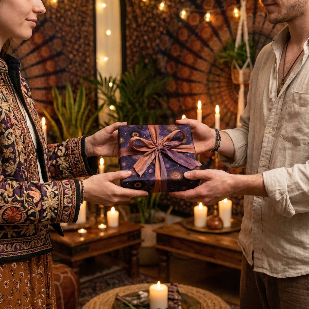 Celestial wrapping paper with gold stars and purple ribbon by Wrapped Studios, shown in a cozy boho setting.