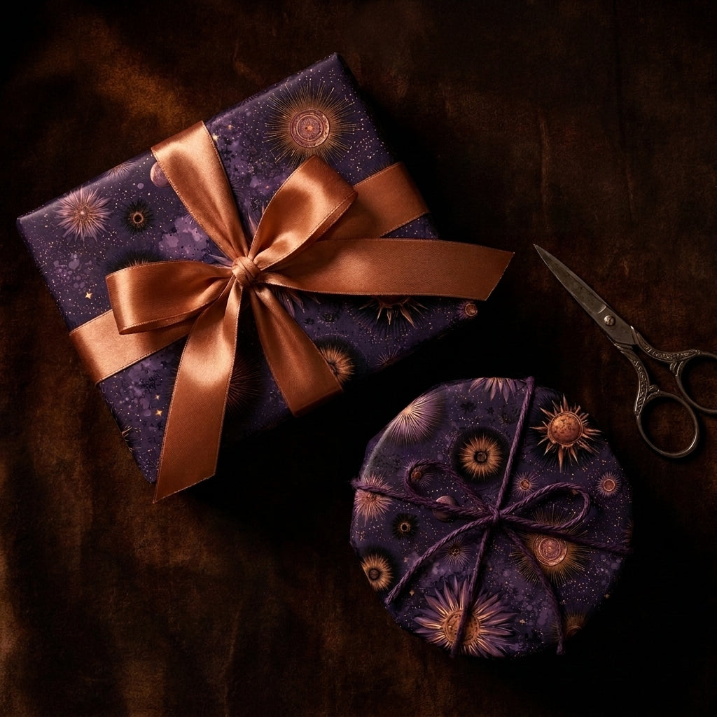 Luxury purple celestial wrapping paper with gold suns and a bronze satin bow, by Wrapped Studios.
