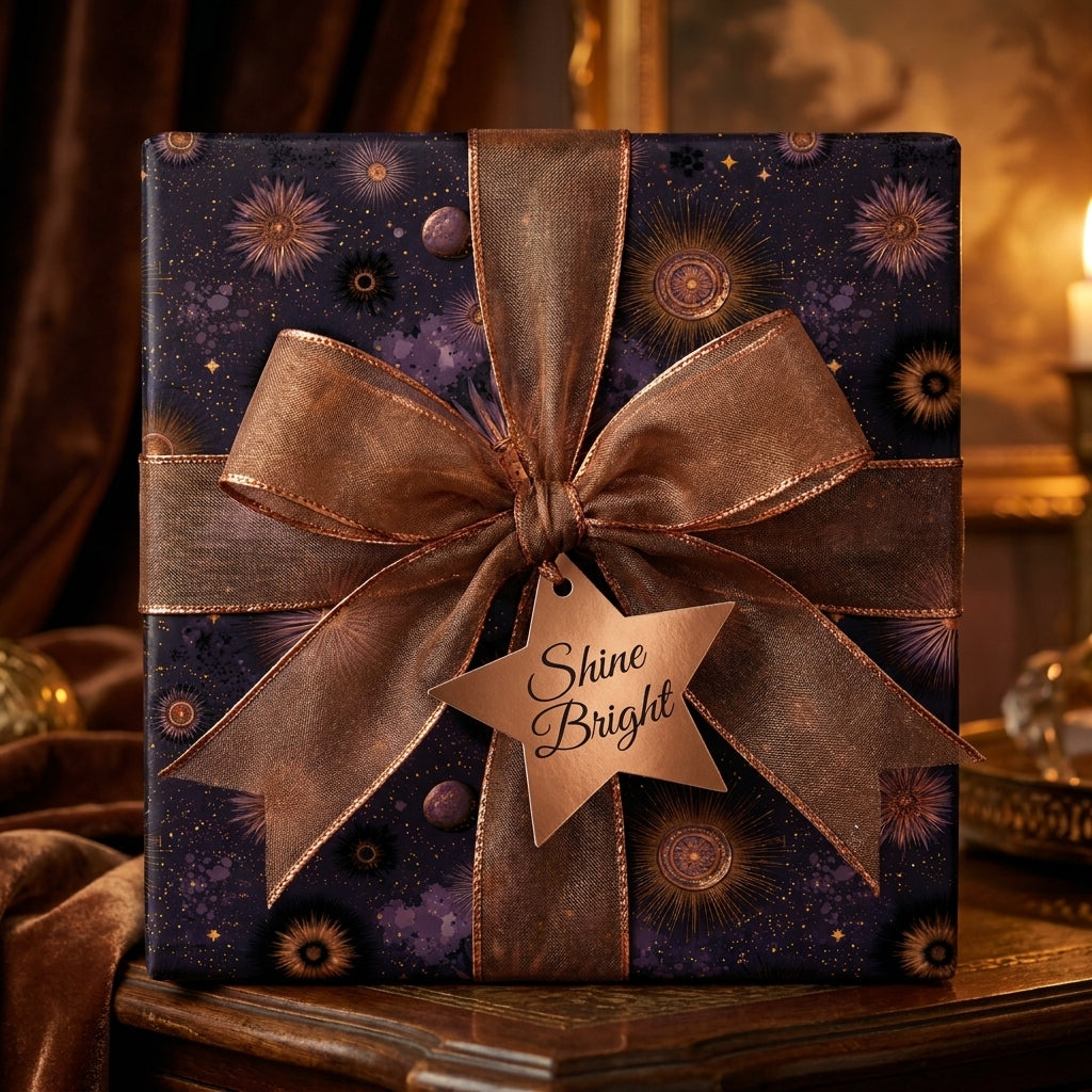 Celestial wrapping paper in purple and gold with a bronze bow and star gift tag by Wrapped Studios.