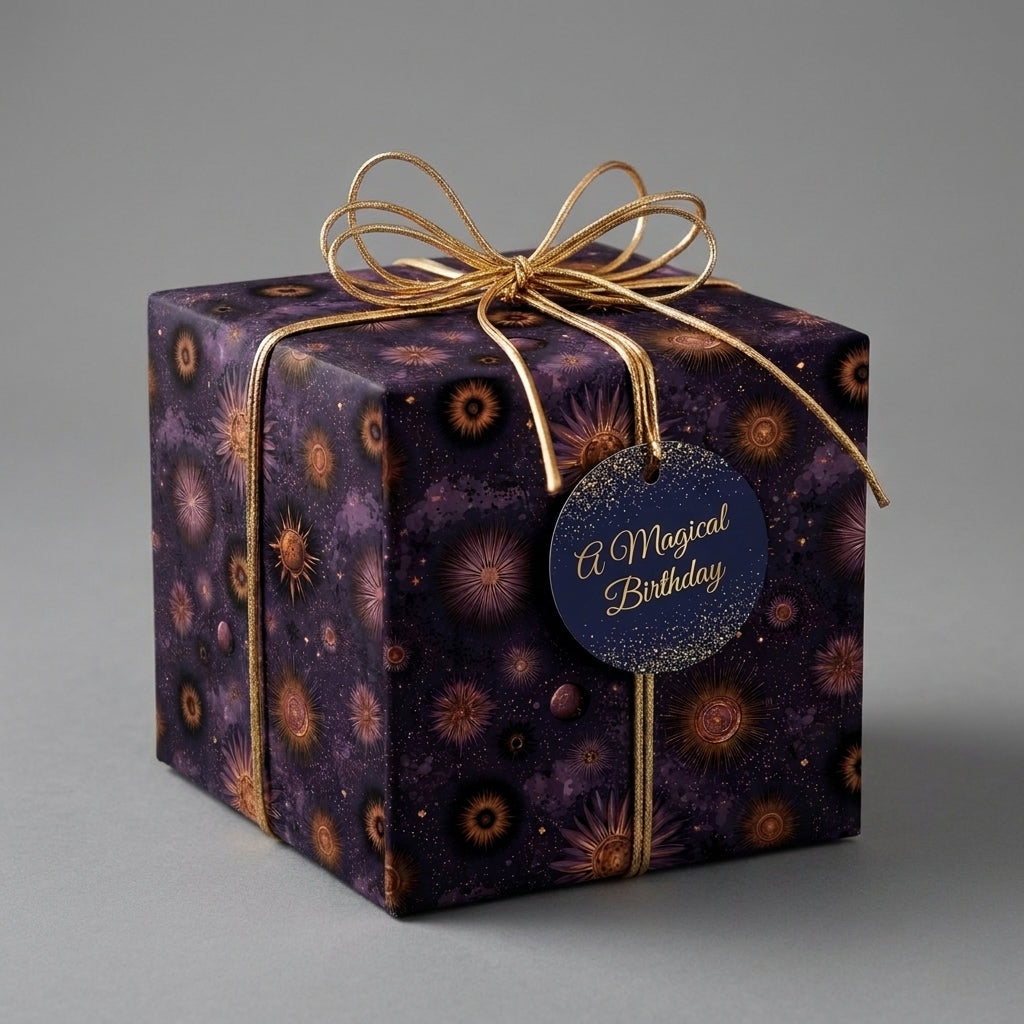 Celestial purple birthday wrapping paper with gold starbursts and a gold bow by Wrapped Studios.