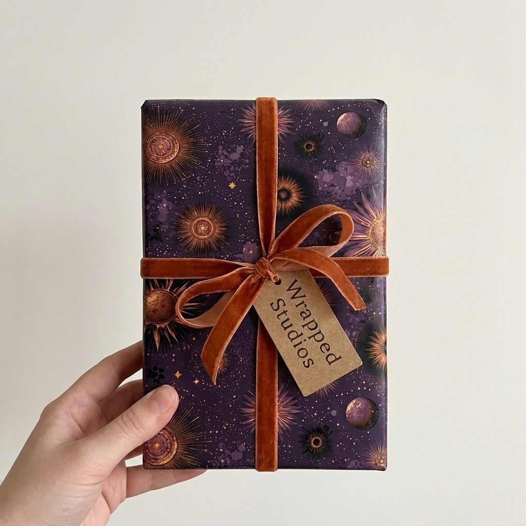 Celestial purple wrapping paper with gold suns and a velvet ribbon on a gift held by Wrapped Studios.