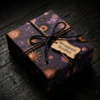 Celestial wrapping paper with gold suns and purple galaxy print on a gift box by Wrapped Studios.