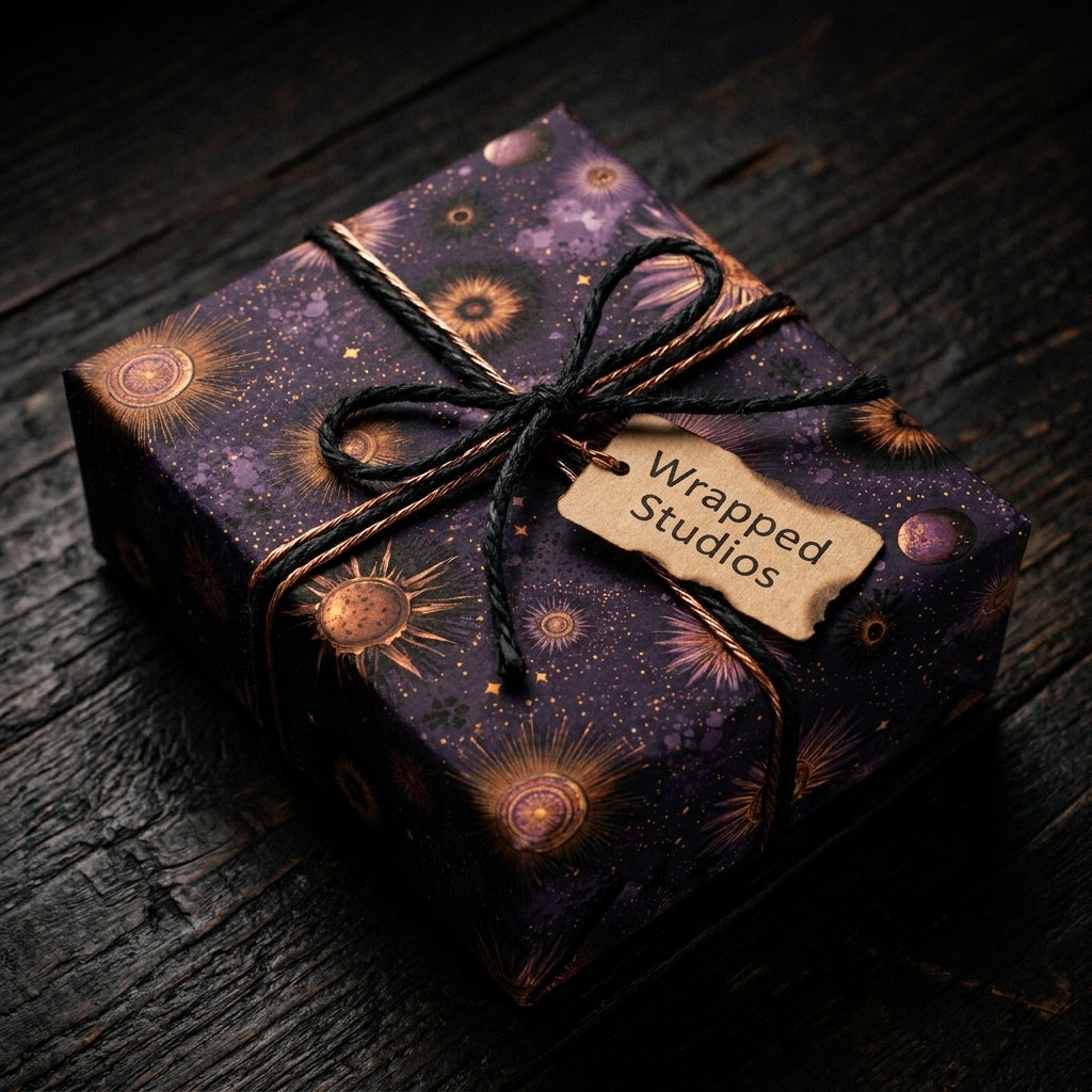 Celestial wrapping paper with gold suns and purple galaxy print on a gift box by Wrapped Studios.