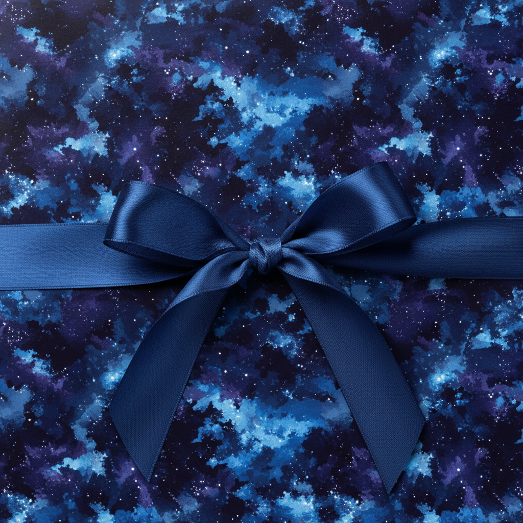 Navy satin ribbon tops starry blue galaxy wrapping paper, perfect for elegant gifts.