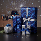 Gifts wrapped in galaxy-themed wrapping paper with blue and silver ribbons, perfect for birthday or Christmas.
