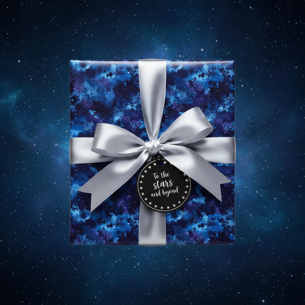 Blue galaxy wrapping paper on gift box with silver ribbon and a tag "To the stars and beyond".