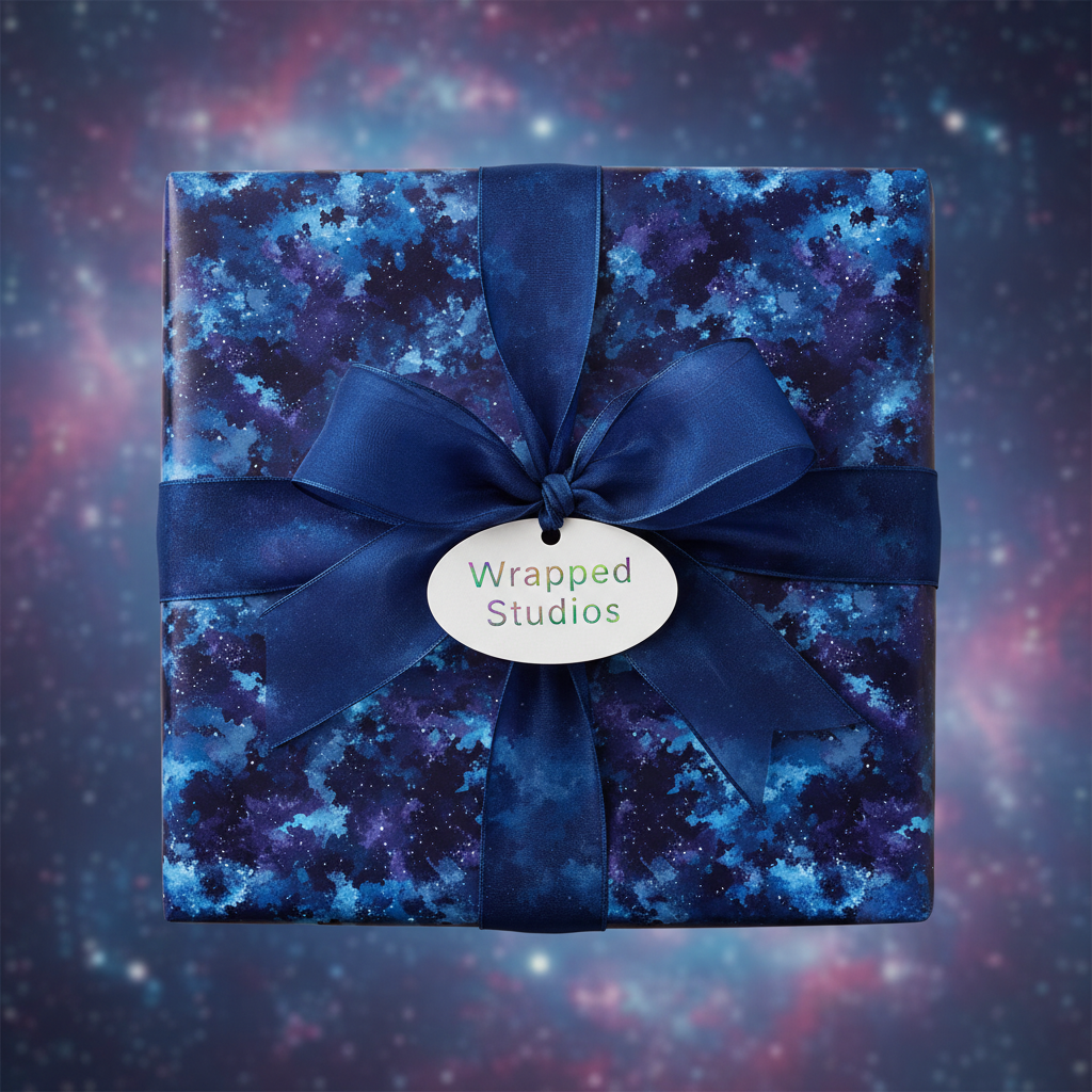 Square gift wrapped in stylish navy nebula wrapping paper with ribbon and "Wrapped Studios" tag.