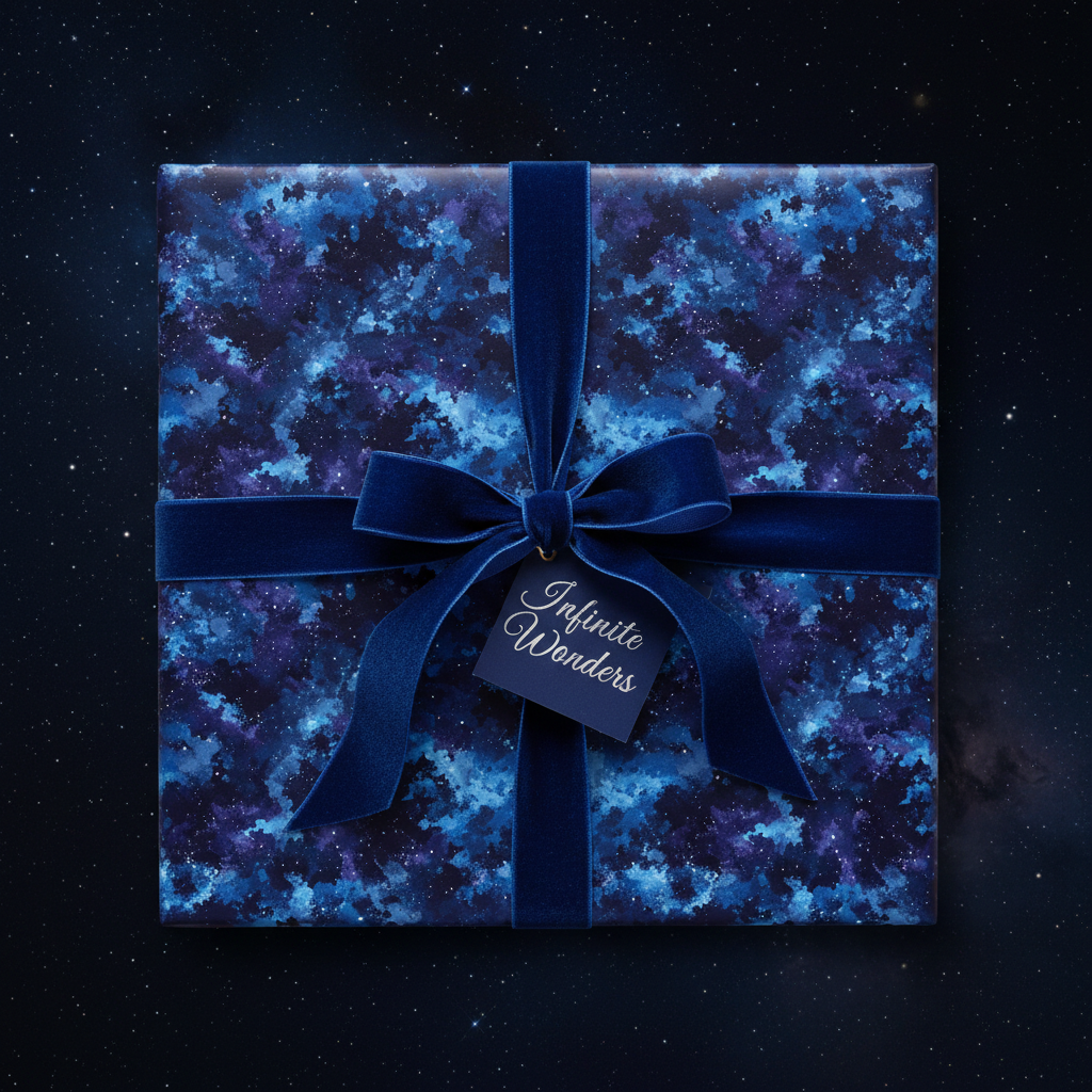 Square gift wrapped in elegant blue galaxy wrapping paper with velvet ribbon and bow.
