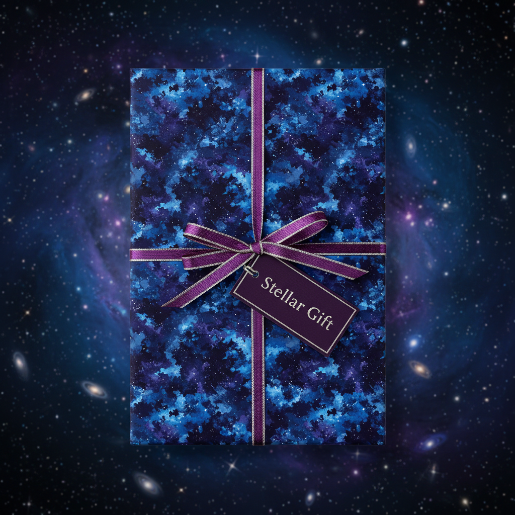 Wrapped gift box in galaxy wrapping paper with purple ribbon and "Stellar Gift" tag.