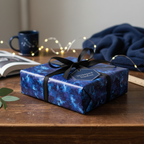 Elegant gift wrapped in blue galaxy-print paper with black ribbon on a rustic wood table.