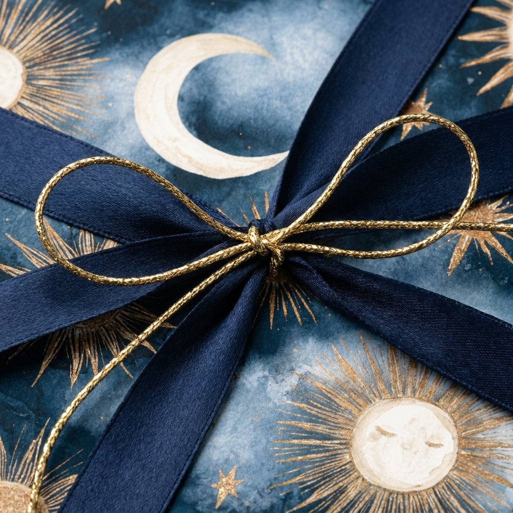 Luxury celestial wrapping paper with navy and gold moon pattern and blue ribbon by Wrapped Studios.