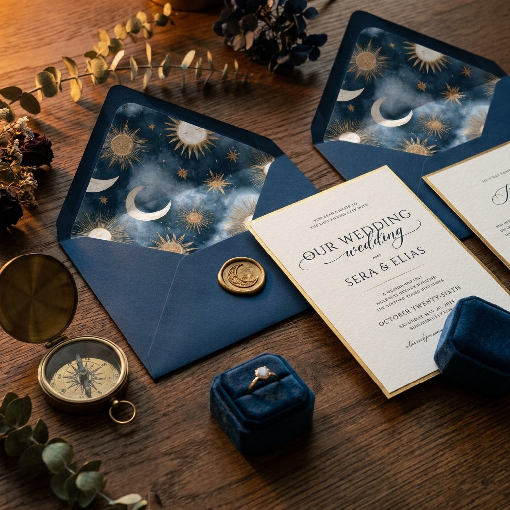 Celestial wedding invitation set with navy and gold sun and moon envelope liners by Wrapped Studios.