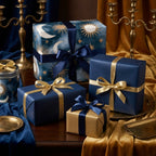 Luxury celestial wrapping paper with gold sun and moon patterns on navy gift boxes by Wrapped Studios.