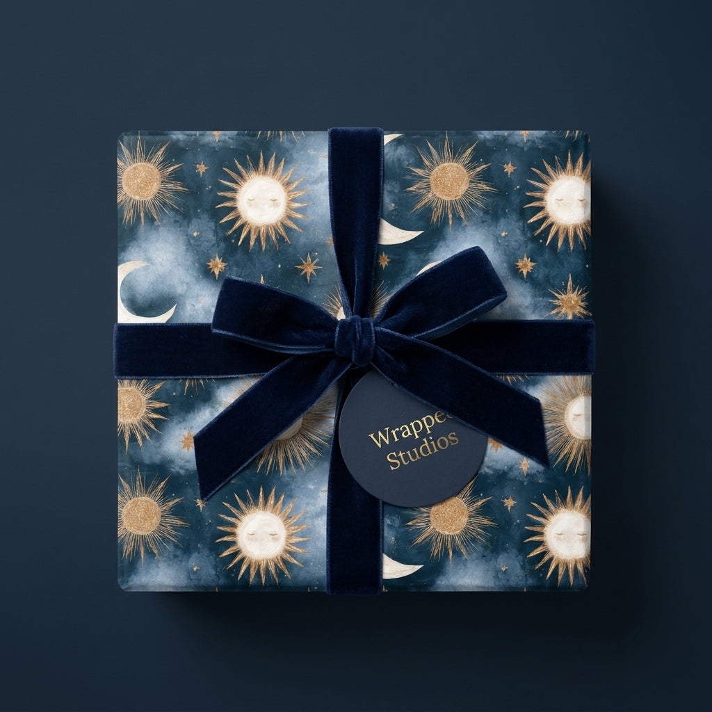 Celestial wrapping paper with navy and gold sun and moon pattern, velvet ribbon bow by Wrapped Studios.