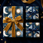 Luxury celestial sun and moon wrapping paper with gold velvet bow by Wrapped Studios.