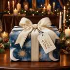 Celestial holiday wrapping paper by Wrapped Studios with gold suns and moons, tied with a cream velvet bow.