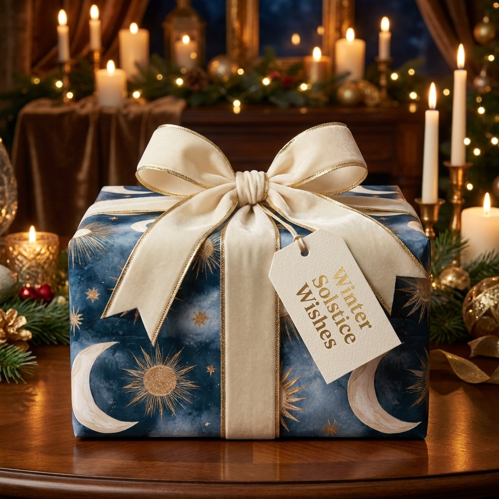Celestial holiday wrapping paper by Wrapped Studios with gold suns and moons, tied with a cream velvet bow.