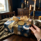Luxury celestial wrapping paper with gold sun and moon patterns by Wrapped Studios, tied with a gold ribbon.