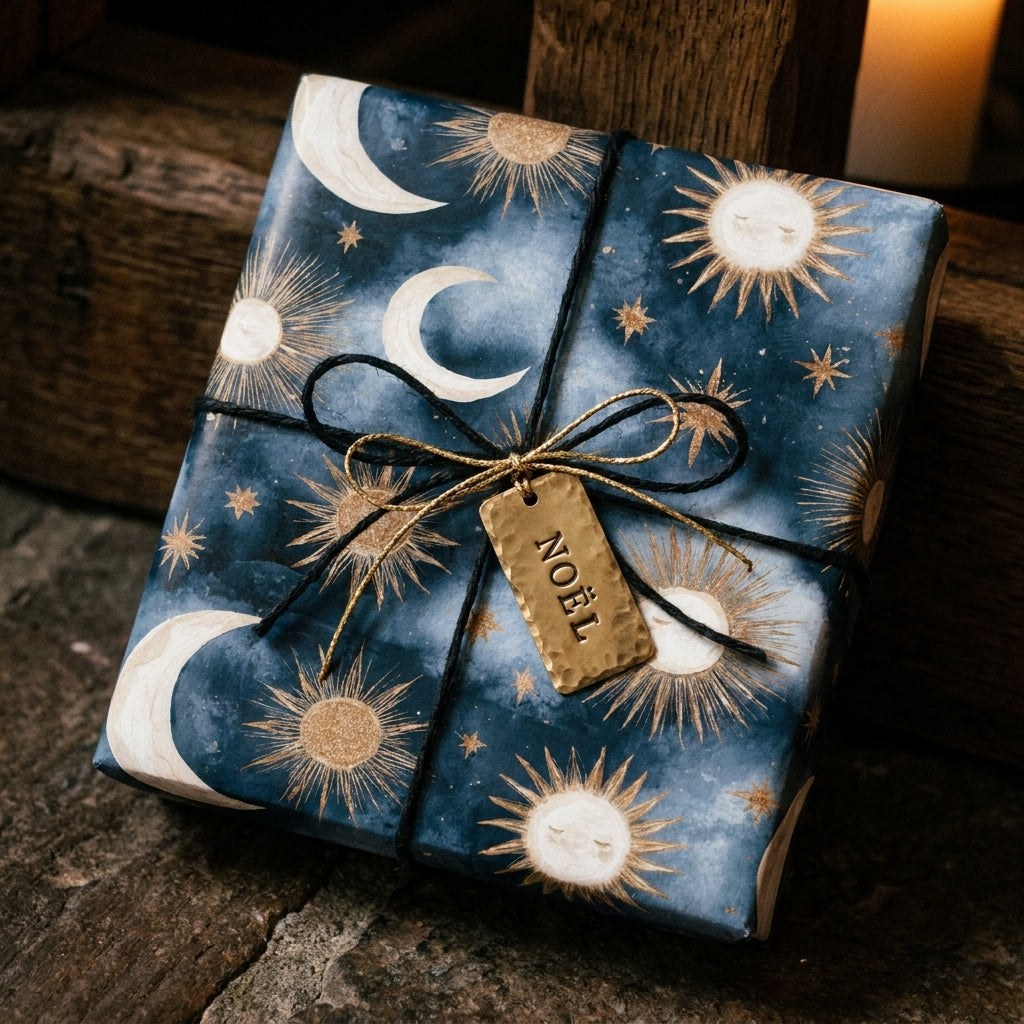 Celestial Christmas gift wrap with gold sun and moon pattern on navy blue paper by Wrapped Studios.