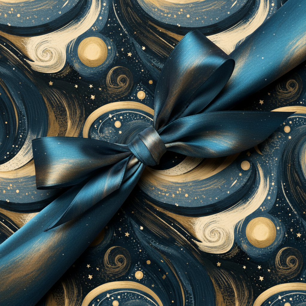 Elegant navy and gold luxury gift wrap with a satin ribbon bow for a special occasion.