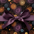 Elegant gift box with purple satin bow and modern spiral wrapping paper.