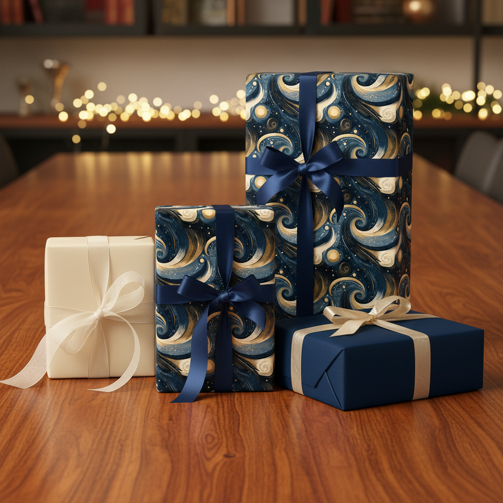 Elegant presents wrapped in navy and gold celestial wrapping paper, tied with beautiful satin ribbons.