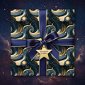 Elegant navy and gold gift box wrapped in ribbon, featuring a celestial night sky wrapping paper design.