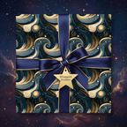 Elegant navy and gold gift box wrapped in ribbon, featuring a celestial night sky wrapping paper design.