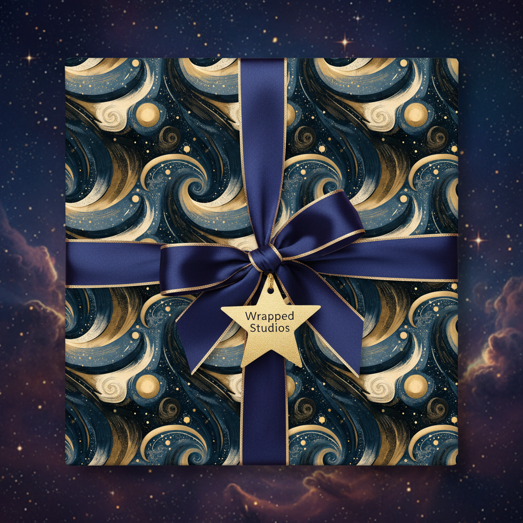 Elegant navy and gold gift box wrapped in ribbon, featuring a celestial night sky wrapping paper design.