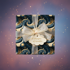 Elegant gift box wrapped in luxury navy and gold swirl wrapping paper with a sheer ribbon bow.
