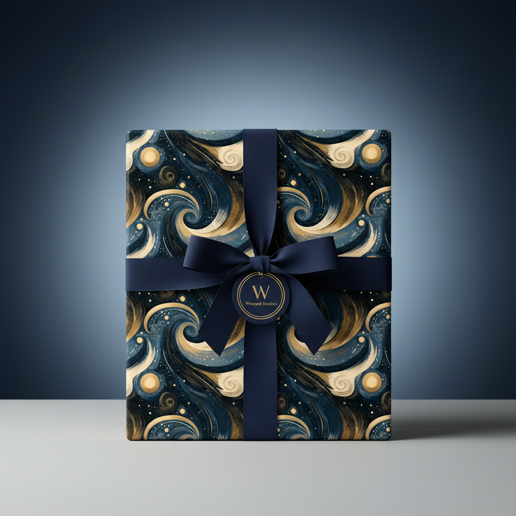 Navy ribbon on luxury gift box with gold swirl pattern wrapping paper.