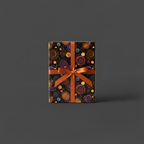 Rectangular gift box in modern abstract spiral wrapping paper with copper ribbon.