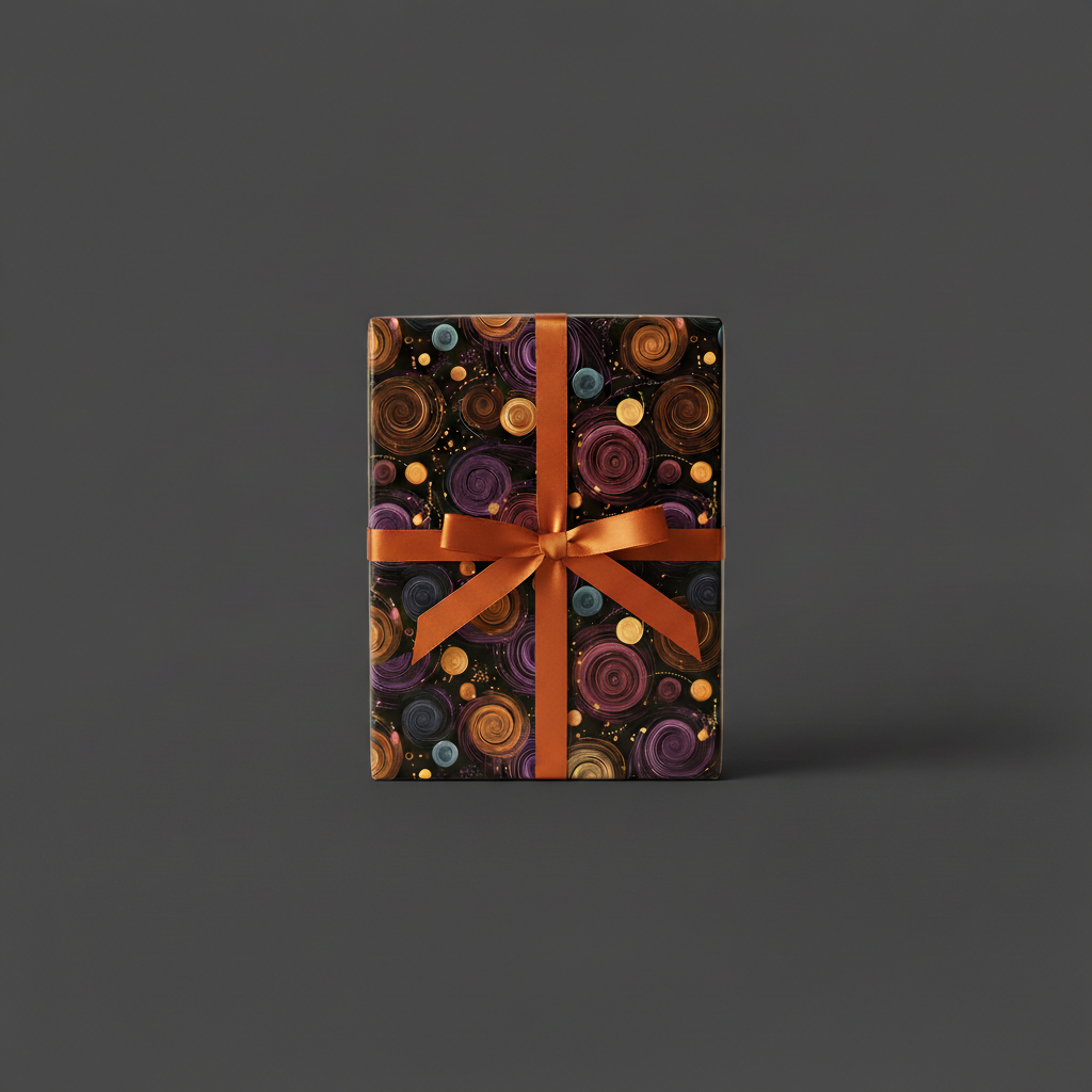 Rectangular gift box in modern abstract spiral wrapping paper with copper ribbon.