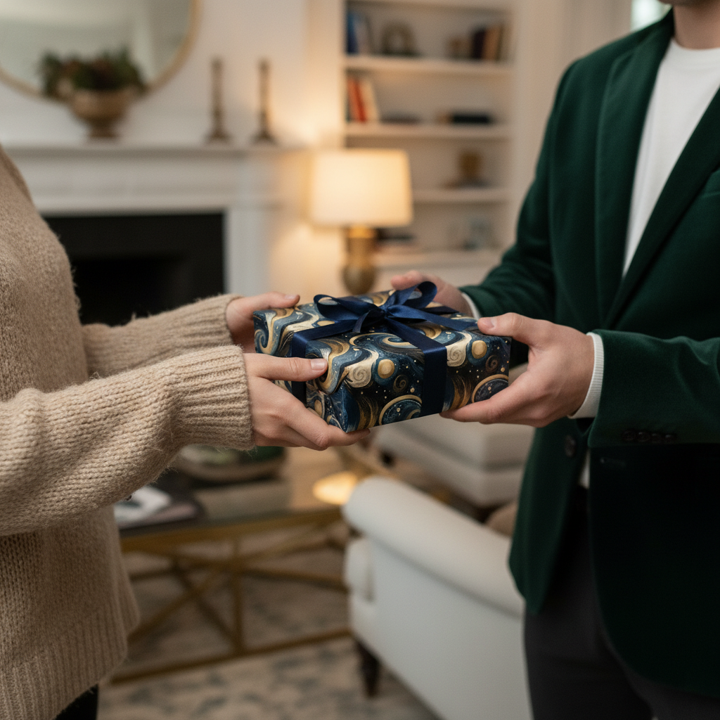 Gift exchange with navy celestial wrapping paper and ribbon.