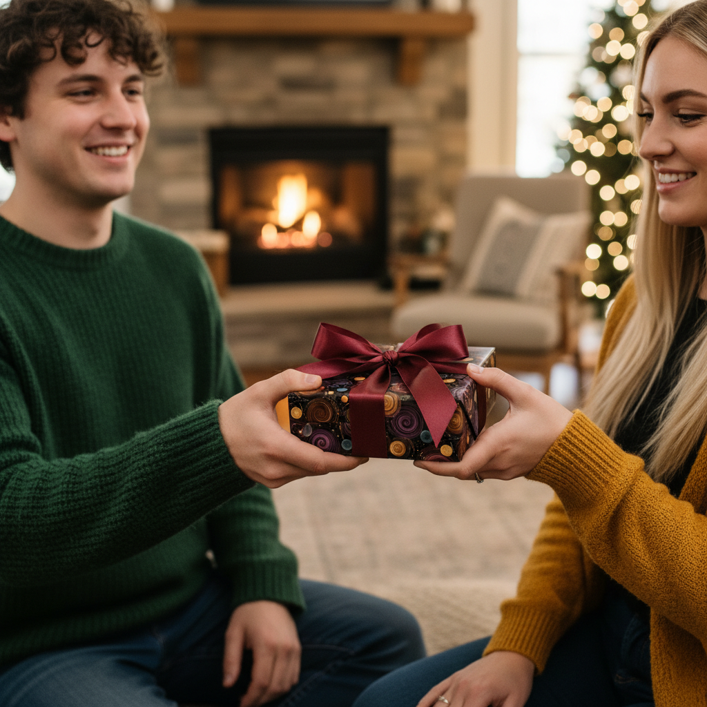 Young couple exchanging a Christmas gift wrapped in swirl-patterned paper with a burgundy ribbon.